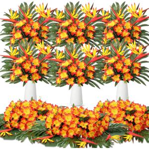 Hotop 8 Set/ 32 Pcs Artificial Tropical Flower Bouquets Bulk for Hawaii Centerpieces Bird of Paradise Lily Bouquet Permanent Flower Tropical Plant Party Office Home Decor (Sunset Red)