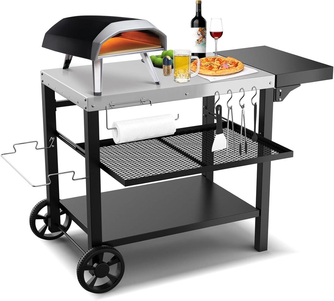 Outdoor Kitchen Island, Grill Table Cart with Drawer, Pizza Oven Stand, Movable 3-Shelf Prep Table with Side Table for Ninja Woodfire, Ooni Pizza Oven, Blackstone Griddle, Cuisinart, Cooking Station (46*22*32)