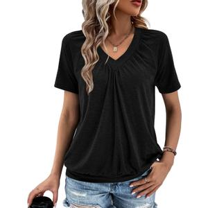 Gihgoew Summer Tops for Women 2025 Shorts Sleeve Womens Tops,V Neck Soft Casual Loose Fit Ruched Top T Shirts Tee Clothes (Large, Black)