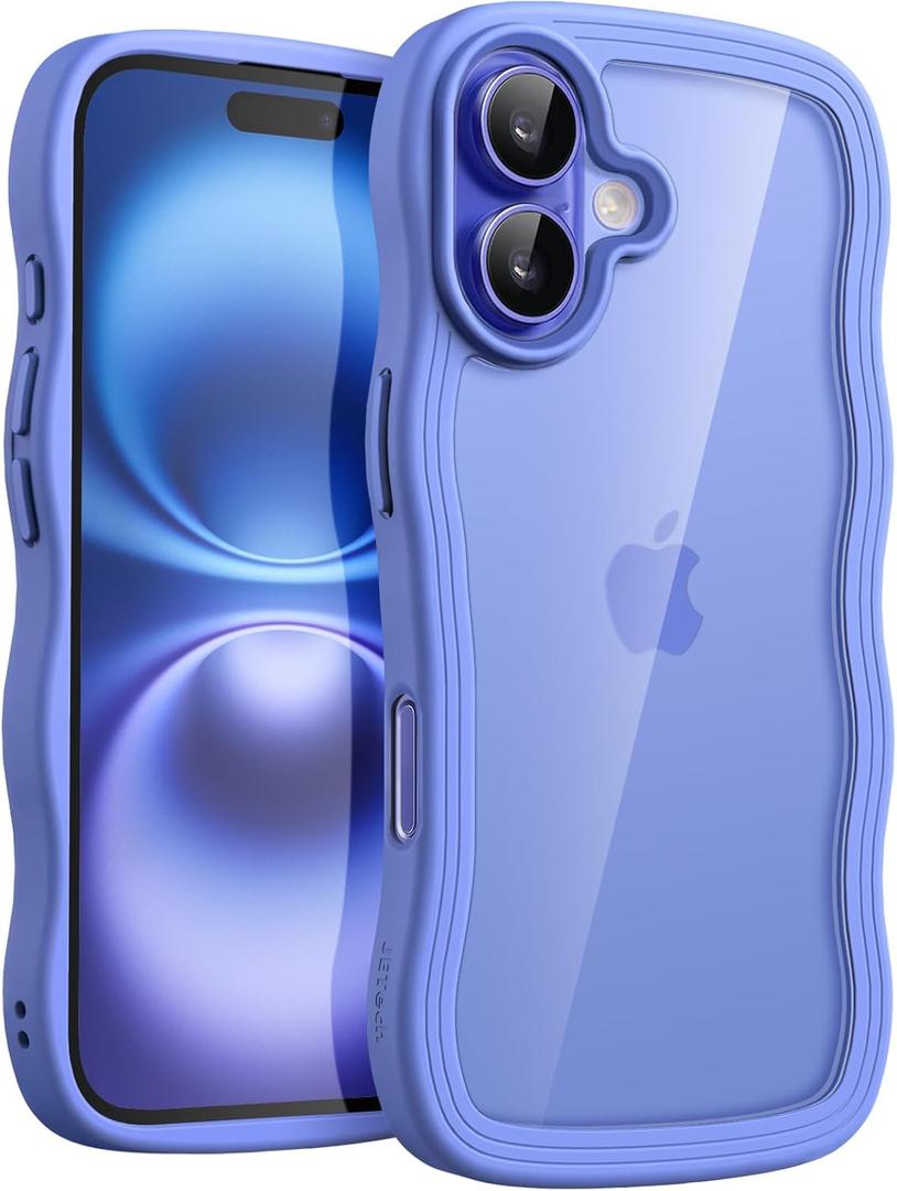 JETech Wavy Case for iPhone 16 6.1-Inch, Cute Wave Frame Curly Shape Shockproof Phone Cover for Women and Girls, Clear Hard PC Back (Ultramarine)