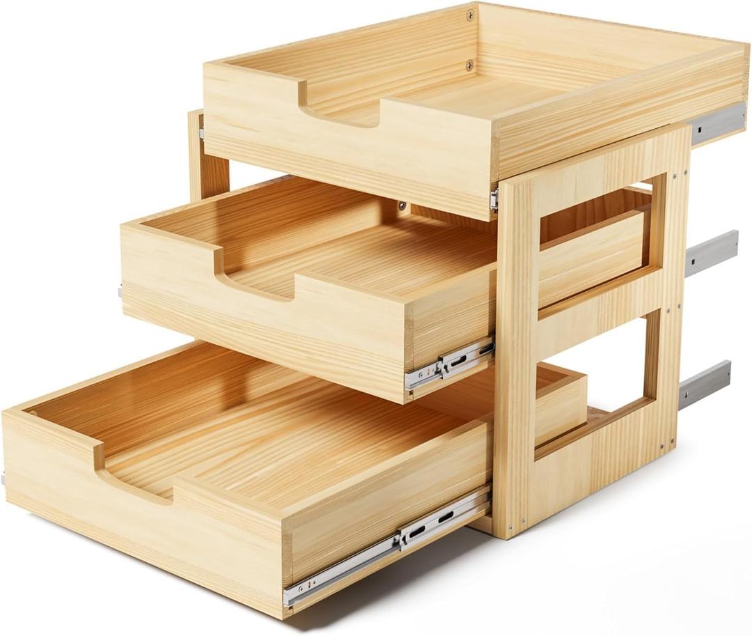 Pull Out Cabinet Organizer, 14''W21''D Sliding Drawers for Cabinets, 3 Tier Soft Close Slide Out Wooden Pull out Drawers, Base Cabinet Organization for Kitchen, Pantry, Bathroom.