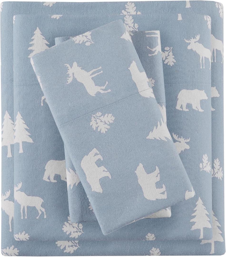 Comfort Spaces Cotton Flannel Sheets Twin Size, Ultra Soft Flannel Sheet Set with 12" Elastic Pocket, Novelty Print Warm Flannel Bedding, Blue Bear/Moose 3 Piece