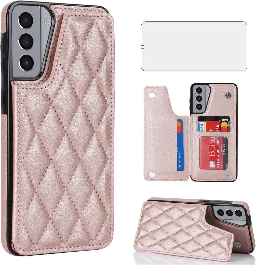 Asuwish Phone Case for Samsung Galaxy S21 Plus S21+ 5G Wallet Cover with Screen Protector and Leather RFID Credit Card Holder Stand Cell Accessories S21+5G S21plus 21S + S 21 21+ G5 Women Rose Gold