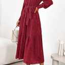 dowerme Women's Casual Dresses 2025 Fall Fashion Long Sleeve Button Up Floral Print Belted Tiered Boho Maxi Party Dress (Red, M)