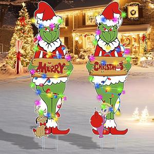 Large Grinch Christmas Outdoor Decorations with Metal Stakes Merry Christmas Yard Signs for Xmas Party Supplies, Lawn, Garden Yard Decor
