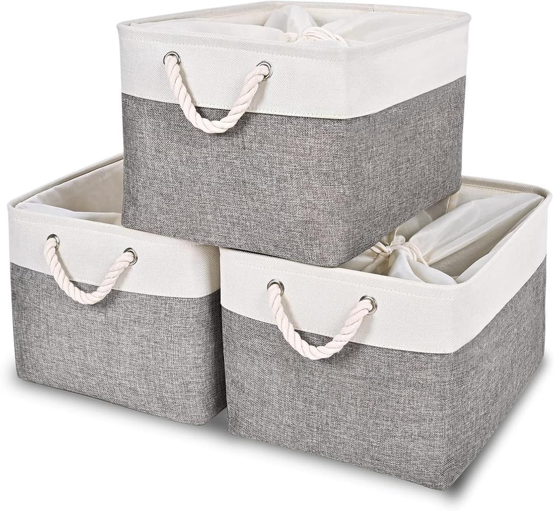 HOdo Home 15.811.89.5 In/3PCS Storage Bins, Fabric Bin with Drawstring Closure and 2 Bold Handles, Collapsible Large Canvas Baskets for Organizing Shelf Nursery Home Closet (White and Grey)