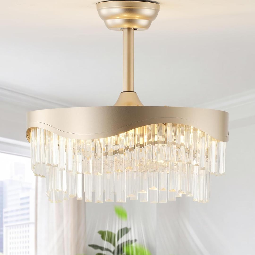 20" Gold Crystal Fandelier Ceiling Fan with Light, Mid Century Caged Chandelier Ceiling Fans with Lights Remote Control, 6 Speeds for Bedroom, Living Room