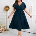 Womens Plus Size Dress Wedding Guest Cocktail Pleated V Neck Faux Wrap V Neck Flowy A Line Midi Dresses with Belt (XL)