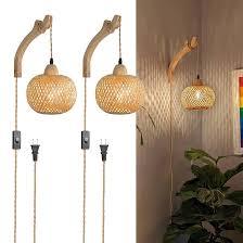 Frideko Wicker Wall Sconces Set of Two Plug in, Rattan Wall Lamp with Plug in Cord, Farmhouse Light Fixtures with 9.84FT On/Off Switch Cord, Boho Sconce Lighting for Bedroom Living Room Living Room 2pc 