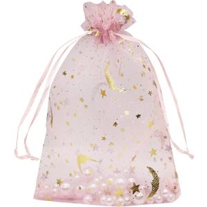 Jexila 100PCS Moon Star Organza Bags 5''X7'' Pink Mesh Gift Bags Drawstring Jewelry Makeup Bag Small for Wedding Party Favor Goodie Candy Bags