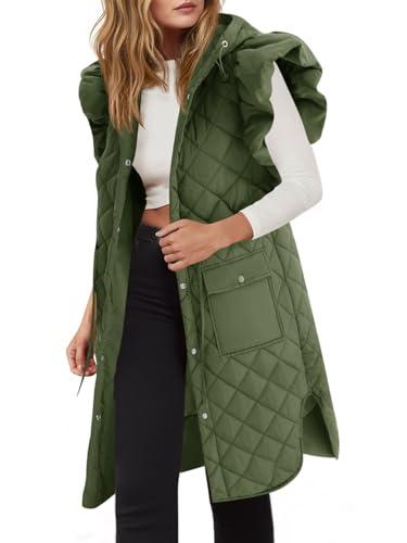 Tankaneo Womens Long Puffer Vest Ruffle Sleeve Winter Coats Hood Sleeveless Quilted Jackets Outwear, M