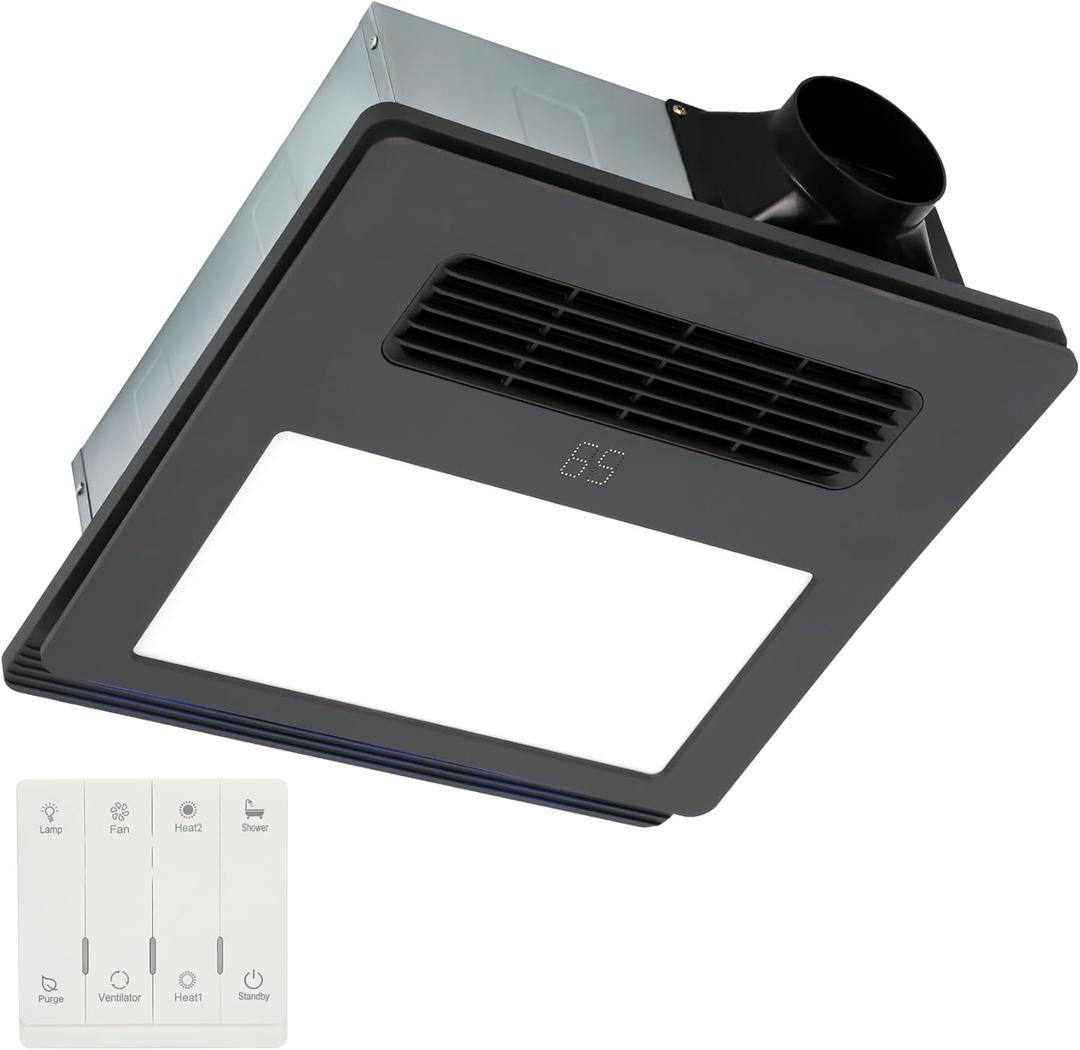 Orsong Bathroom Exhaust Fan with Heater and Light 1800W,190 CFM,Ultra-Low 30dB Operation,4-in-1 Bathroom Ventilation System,1 Minute Rapid Heating and Ventilation (Black), Large