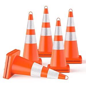 RoadHero (10 Pack) Traffic Cones 28 Inch - Safety Cones with Reflective Collar - Orange Cones with Handle - Plastic PVC Heavy-Duty Cones for Parking Lot, Driving Training