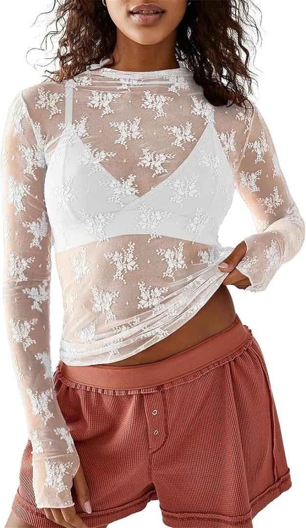 Hafailia Mesh Long Sleeve Tops for Women - Sexy Sheer Mock Neck Lace Floral Y2K Going Out Blouse Shirts White L (White, L)