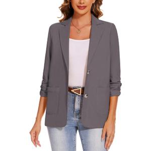 MINTLIMIT Women's Summer Linen Blazer Jackets 3/4 Sleeve Casual Lightweight Notch Lapel Button Blazers Pocket (Medium, Grey)