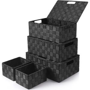 Storage Bins Baskets for Organizing with Lids, Storage Baskets for Shelves Stackable Woven Basket, Gift Small Basket Storage Cubes, Decorative Wicker Basket with Built-in Handles (5 Pack, Black)