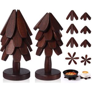 Wonderjune Tree Coasters Set of 8, Wooden Trivets for Hot Dishes, 2 Sizes Foldable Tree Shaped Trivets with 2 Stands, Decorative Kitchen Table Pad Mat Decor for Hot Pots, Pans, Cups(Walnut Wood)