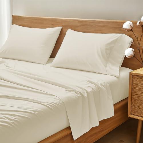 THREAD SPREAD 100% Organic Cotton Bed Sheet Set - Crisp and Cooling Percale Weave, Soft Breathable, Eco-Friendly, 4 Piece Bedding Set, Deep Pocket with All-Around Elastic, (King, Ivory)