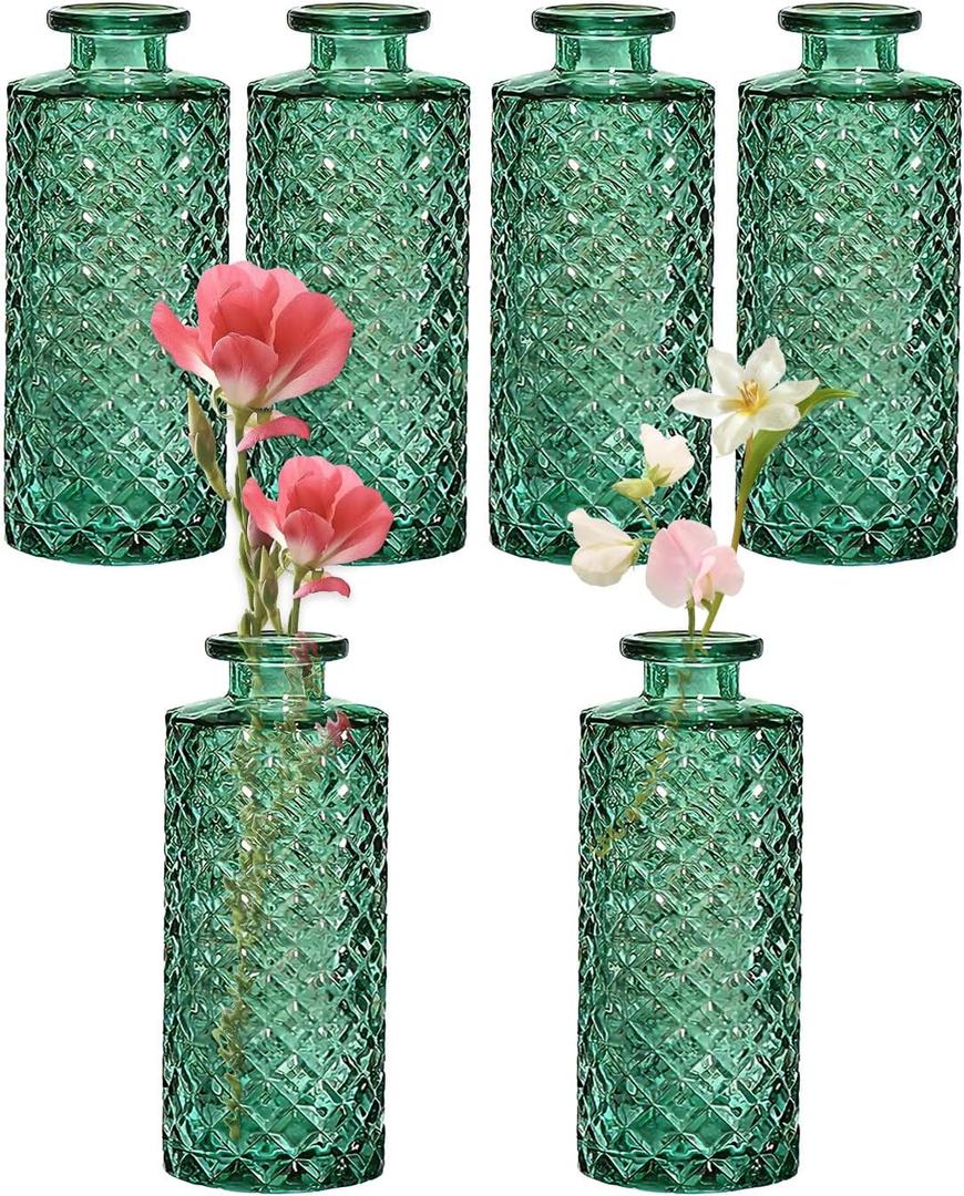 Bud Vases,6 Pcs Glass Vase Small Amber Bud Vases for Centerpieces, Vintage Vase for Centerpieces, Rustic Wedding, Home, Table Decor (Green)