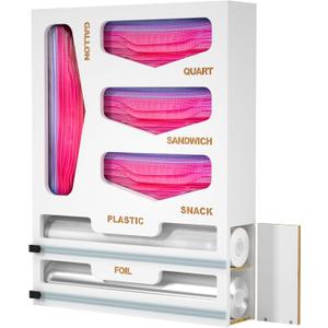 6 in 1 Bag Organizer and Wrap Dispenser with Magnetic Lid - Plastic Wrap Dispenser with Cutter for Kitchen Drawer, Storage for Gallon, Quart, Sandwich, Snack Bags, and Foil White