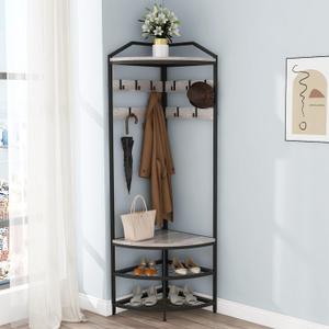GiftGo Grey Corner Hall Tree with Shoe Bench Entryway Coat Rack with 10 Metal Movable Hooks Rustic Farmhouse Floorstanding Clothes Rack Shoes Shelf Organizer for Home Office Bedroom (Greige), 71.3" X 19.7" X 19.7"