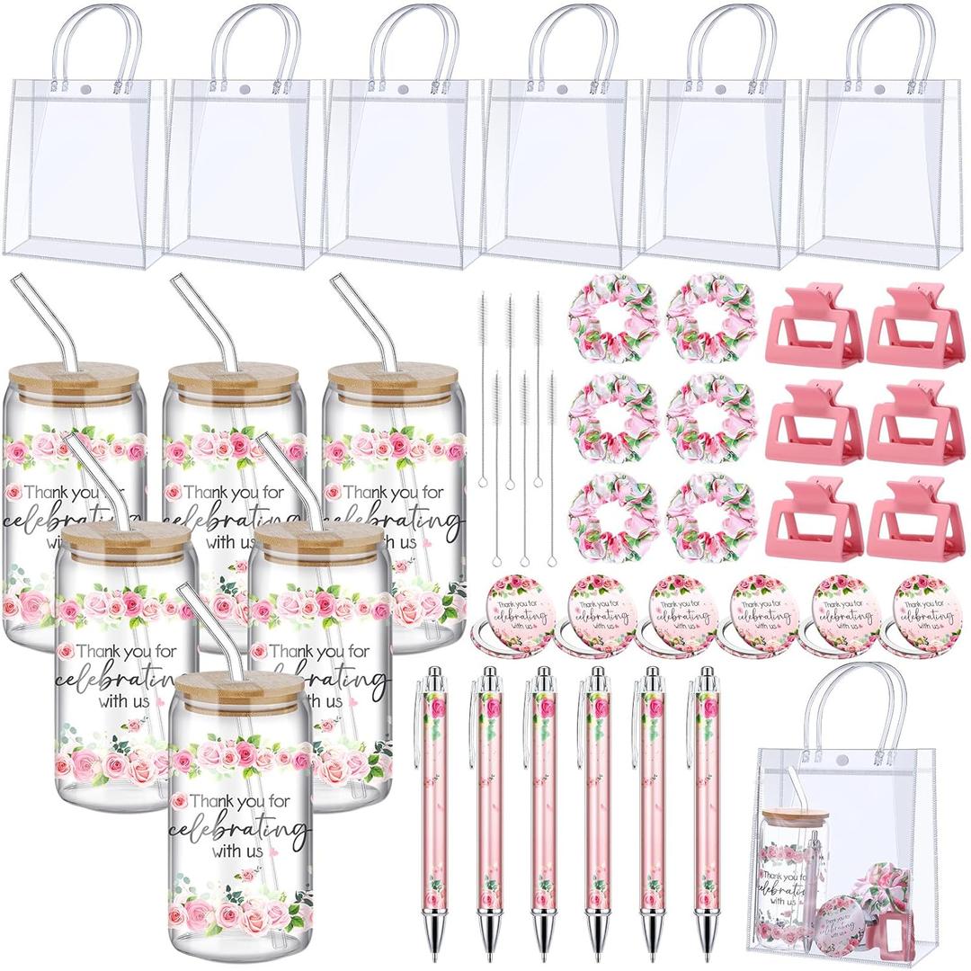 Boao 6 Set Baby Shower Game Prizes for Player Winners Tumblers with Lids Straws Mirrors Hair Scrunchies Pens Hair Clips Gift Bags for Baby Bridal Shower Wedding Game Favors(Pink Flower)