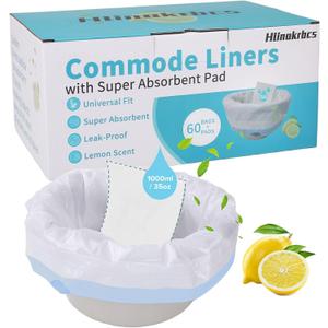 60 Pack Commode Liners with Absorbent Pads(Lemon Scent),Bedside Commode Liners Disposable for Portable Toilet,Adult Commode Chair Bucket & Porta Potty,Camping Toilet Bags