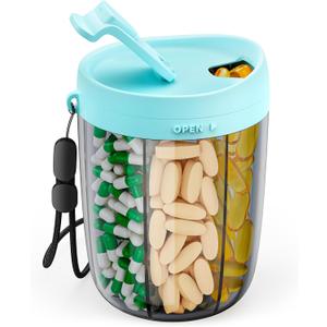 PULIV Large Supplement Organizer Bottle, Holds Plenty of 6 Various Vitamins in 1 Pill Dispenser with Anti-Mixing & Wide Openings Design, Easy to Retrieve Meds, Includes 20 Pcs Stick-on Labels Cyan