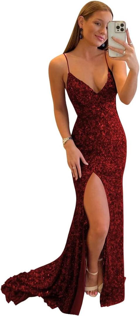 Miao Duo Women's Sequin Mermaid Prom Dresses with Slit Glitter Criss-Cross Long Formal Evening Gowns YZTS062 (14, A-wine Red)