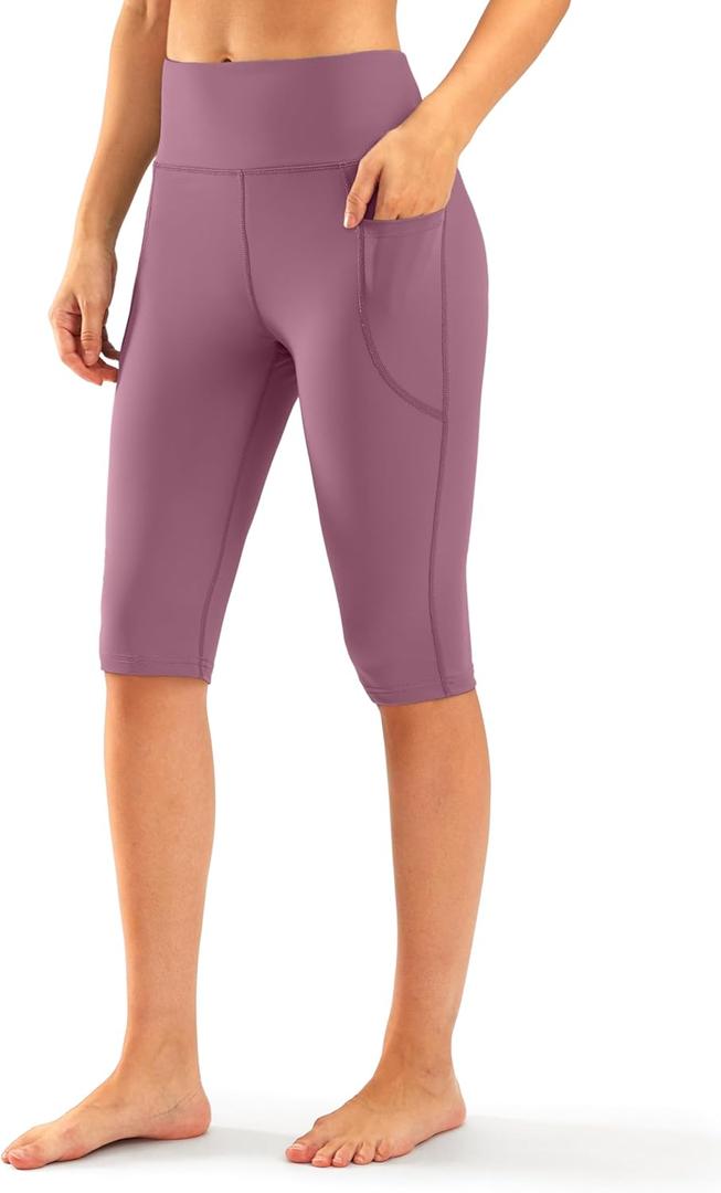 SANTINY Women's Knee Length Capri Leggings with Pockets High Waisted Workout Exercise Yoga Capris Pants for Women size S