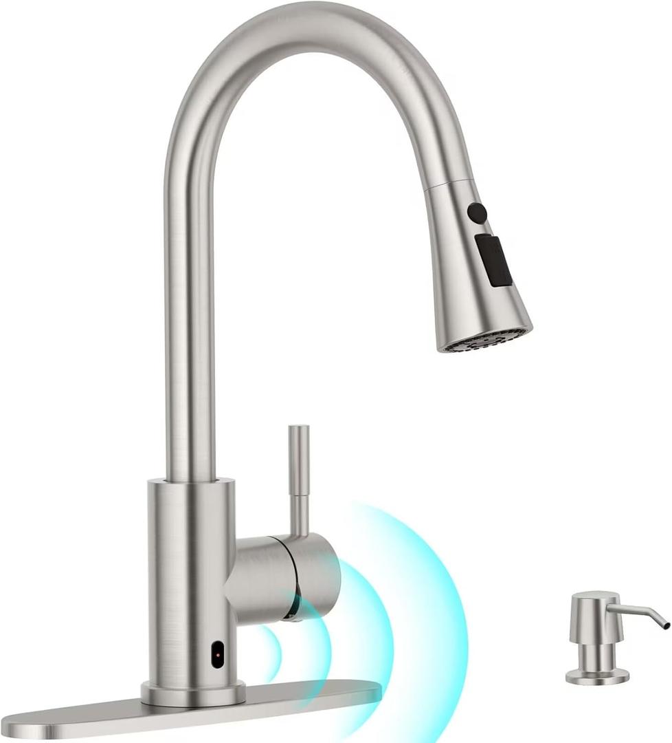 APPASO Touchless Kitchen Faucet, Motion Sensor Kitchen Sink Faucet with Pull Down ABS Sprayer 3 Modes, Activated Hands Free Faucets for Kitchen Sink with Soap Dispenser Stainless Steel, Brushed Nickel