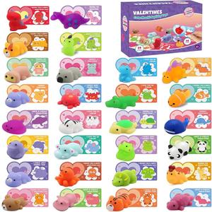 SURCVIO 28 Pack Valentines Day Gifts for Kids, Mochi Squishies Party Favor Set with Filled Hearts and Valentines Greeting Cards, Valentine's Day School Prize Party Favor, Classroom Exchange Gift Set