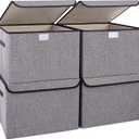 Large 22 Quart Linen Fabric Foldable Storage Bin Cube Organizer Basket with Flip-Top Lid & Handles, Clothes Blanket Box for Home, Office, Closet, Gray, 4 Pack 14.6 x 9.5 x 9.5”