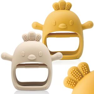 2 Packs Baby Teething Toy for 0-6 6-12 Months, Food Grade Silicone Teething Mitten, Anti Dropping Wrist Hand Teethers Baby Chew Toys for Sucking Needs, BPA Free (Ginger & Caramel)