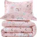 JSD Pink Unicorn Kids Comforter Set Twin Size, 2 Piece Girls Rainbow Microfiber Comforter with Pillow Sham, Lightweight All Season Washable