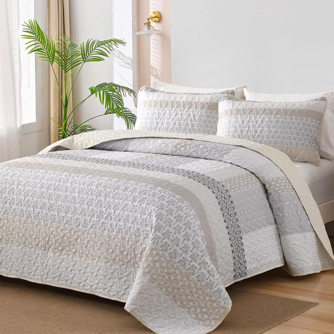 WONGS BEDDING Beige Quilt Queen Size, Bohemian Stripe Quilt Sets 3 Pieces Beige Boho Quilted Bedspread Set Lightweight Microfiber Coverlet Bedding Set All Season (96"x90")
