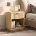 Nasonet Fluted Nightstand Charging Station, Wood Modern Night Stands Storage Cabinet for Bedroom, Oak Bedside Table with Drawers