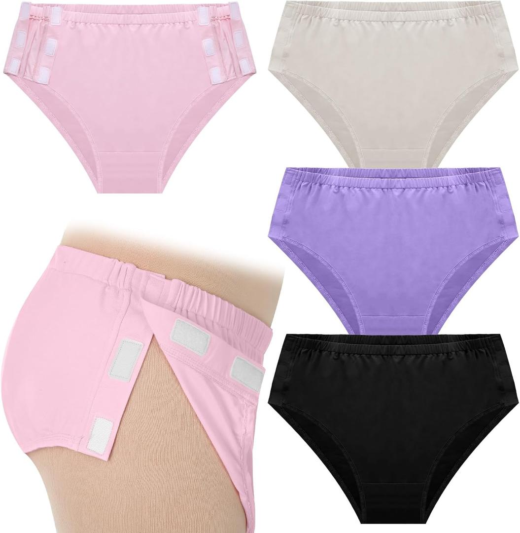 Geyoga 4pack Post Surgery Adaptive Underwear Briefs for Women, Tear Away Underwear Incontinence Underpants, Reusable Stick on Briefs Breathable Cotton Lining for Patients, Elders (XL)