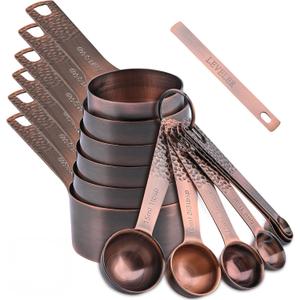Measuring Cups and Spoons Set 14, Copper Measuring Cups and Spoons Set for Dry & Liquid, Metric & US Stainless Steel 6 Measure Cups and 7 Spoons Set w/Leveler for Kitchen & Baking