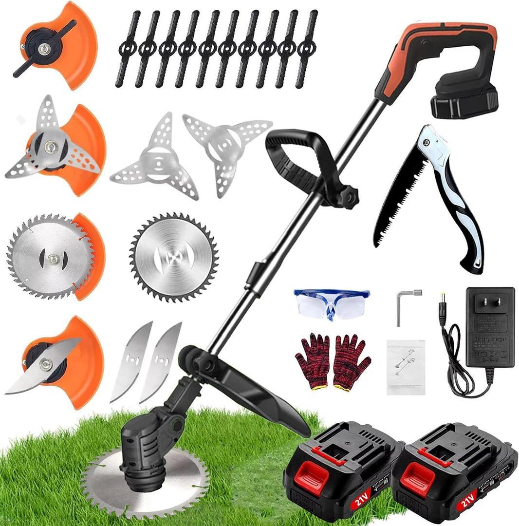 Best Weed Wacker, Electric Weed Wacker, String Trimmer with 2 Batteries and Charger, Grass Trimmer Lawn Mower Edgerr with 3 Types of Blades, Brush Cutter with Retractable Length and 90° Rotating Head
