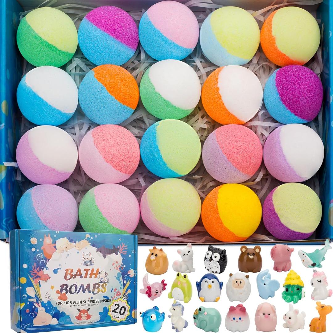 20 Pack Bath Bombs for Kids with Surprise Inside Bubble Bath Toys Organic Natural Bath Bombs Set Easter Basket Stuffers Birthday Christmas Gift for Kids 3 4 5 6 7 8 Years Old Boys Toddlers Girls