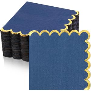 Janlaugh 50 Pcs Scalloped Cocktail Napkins with Gold Foil Edge Thick Paper Disposable Napkins Pastel Party Beverage for Wedding Dinner Birthday Party(Navy Blue,5 x 5 Inch)