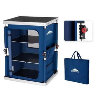 EAGLE PEAK Outdoor Folding Camping Table with Large 3-Tier Storage Organizer and Side Pockets, Easy Set Up Portable Aluminum Camping Kitchen, Blue, Size: 18.9 x 23.6 x 31.5 IN