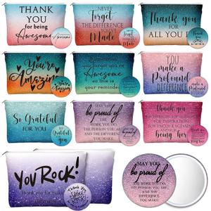 Vercraft 60 Pcs Teacher Appreciation Gifts for Women Inspirational Canvas Makeup Bags Portable Compact Mirror Bulk Cosmetic Bags Thank You Gifts for Nurse Employee Graduation (Recognition,Iridescent)