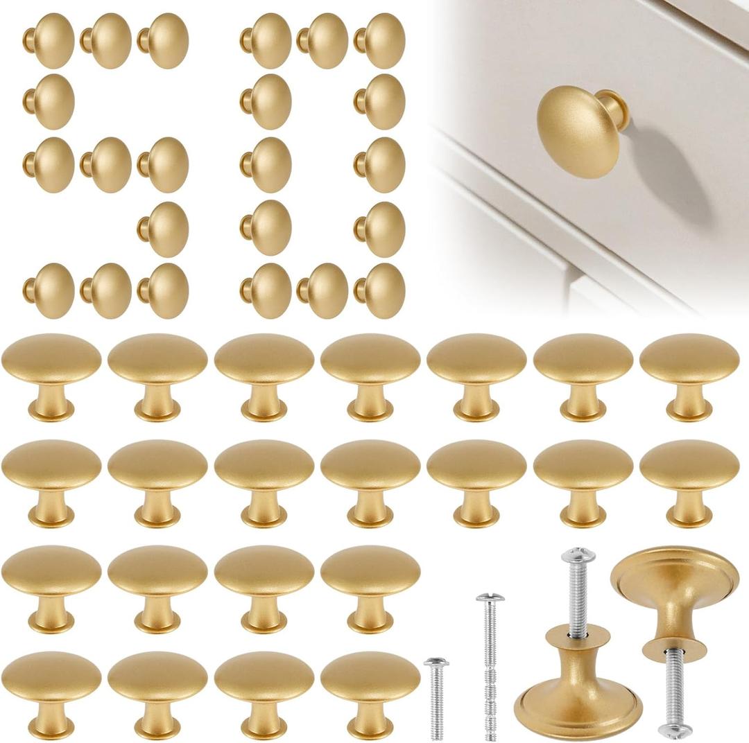 50 Pack Gold Round Cabinet Knobs 1-1/6 Inch (30mm) Drawer Knob Bulk Set/Hollow Inside/Lightweight Cabinet Rustproof Dresser Knobs with Screws Modern Decorative for Kitchen Cabinets Dresser