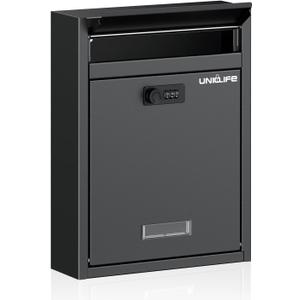 Uniclife Wall Mount Mailbox for Outside, Large Locking Mailbox with Combination Lock, Security Mail Box for House, Safe Key Drop Box, Post Box, Steel Cash Drop Box for Home Office School, Black