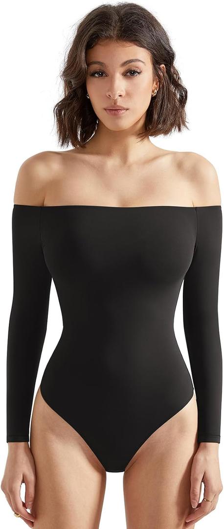 SUUKSESS Women Off the Shoulder Long Sleeve Bodysuit Double Lined Thong Bodysuit (Large, Black)
