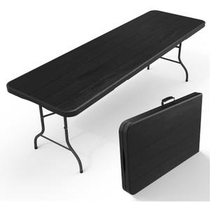 8Ft Plastic Folding Table Heavy Duty Portable Folding Tables 400 lbs, Wood Grain Tabletop for Working Meeting Parties, Picnic, Camping, Garden Dining (Black)