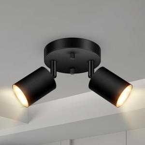2 Light Track Lighting Fixtures Ceiling, Matte Black Round Directional Ceiling Spotlight, GU10 Flush Mount Track Fixture, Adjustable Modern LED Track Lights for Kitchen/Living Room, Bulb Not Included