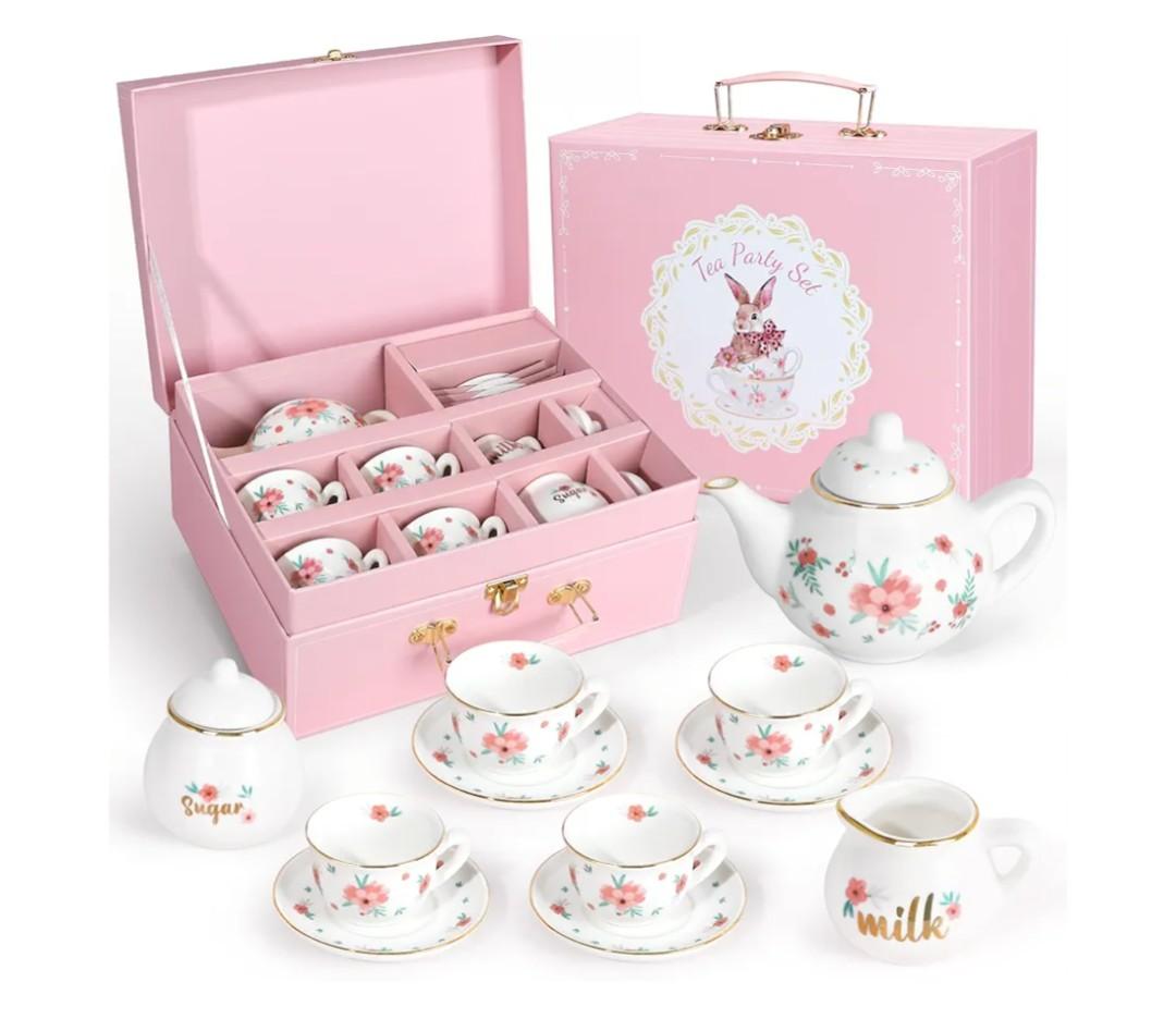 Porcelain Tea Set for Girls, Tea Party Set for Little Girls, Kids Tea Set Kitchen Pretend Play, Princess Tea Time Playset with Teapot Cups Carry Case, Toddler Girl Toys Birthday Gifts Age 3+